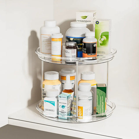 Two Tier Lazy Susan Turntable Organizer For Cabinet And Pantry Space Saver 9 Inch Rotating Spice Rack holding medicine bottles