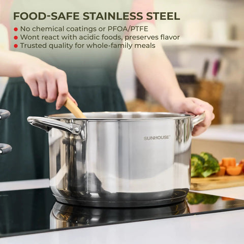 A person stirring with a wooden spoon in a 12 Quart Stock Pot With Lid Stainless Steel Large Pot For Cooking A Real Kitchen Workhorse For Boiling Stock.