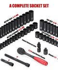 3/8 Inch Drive Impact Socket Set, 49 Piece 6 Point SAE and Metric, Chrome Vanadium Heat Treated Sockets With Adapters And Ratchet Handle