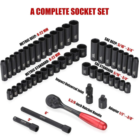 3/8 Inch Drive Impact Socket Set, 49 Piece 6 Point SAE and Metric, Chrome Vanadium Heat Treated Sockets With Adapters And Ratchet Handle