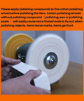 Eight Inch Cotton Buffing Wheel Kit For Bench Grinders And Polishing Tools With Five Eighths Inch Arbor For Hella Smooth Jewelry Glass And Metal Shine Totally Crushes Old Patina Quickly, showing cotton wheel in use with polishing compound.