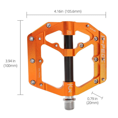 Orange Aluminum Alloy 6061 CNC Machined MTB Pedals 9 Sixteenth Inch Wide Platform Non Slip Beefy With CrMo Steel Axle And Three Bearings