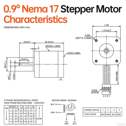Diagram showing 0.9 Degree Nema 17 Stepper Motor 2 Phase Beefy High Torque 0.42 Nm Bipolar with dimensions and wiring details.