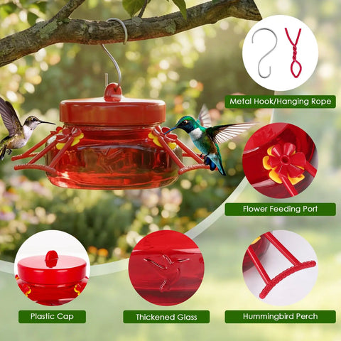 6 Oz Glass Hummingbird Feeders For Outdoors Hanging 2 Pack Mason Jar Style With 4 Realistic Silicone Flower Ports Perches