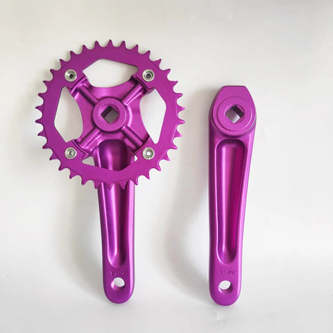 Purple CNC 34T Single Speed Crankset 104BCD 170mm Aluminum for bikes, shown with chainring and crank arm.