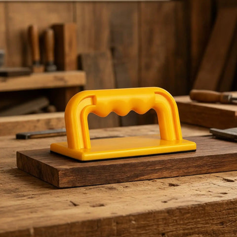 Built Tough Woodshop Push Handle Safety Guide Block With Reinforced Frame And Grippy Bottom For Steady Feed Control On Table Jointers And Thickness Planers on wooden workbench