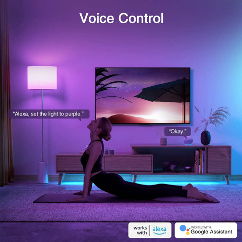 Living room with purple-lit Dope Smart RGB LED Bulbs A19 E26 Dimmable Color Changing 800 Lumen Lights With Alexa Google Home