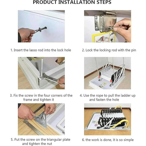 Heavy Duty Electric Pull Down Attic Stairs Folding Loft Ladder Telescopic Ceiling Access installation steps with tools shown