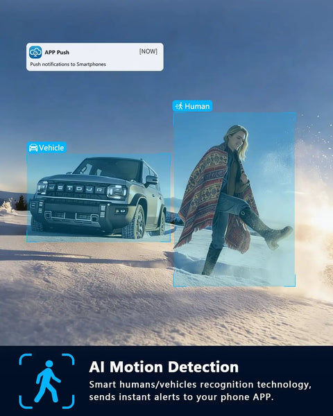 AI motion detection with alerts in 4K 8CH PoE NVR with 10 Inch IPS Monitor, showing human and vehicle recognition in snow.
