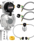 Two Tank Propane Regulator Kit With Auto Changeover And Two Hose Set That Keeps Your Camper Running Smooth LP Gas Regulator Two Stage Includes Propane Tank Gauge Durable Brass Fittings For Camper And Trailer Gas Systems shown with fittings and hoses.
