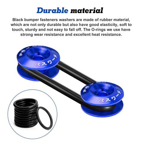 JDM Black Bumper Quick Release Fasteners Kit with blue washers and black rubber O Rings, shown with durable material details.