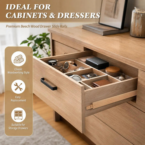 Built Tough Beech Wood Drawer Slides 6 Pack 17 Inch Undermount Glides in a drawer organizing accessories.