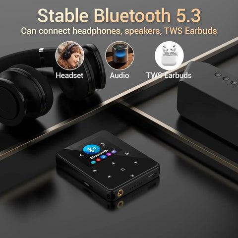 64GB Bluetooth 5.3 MP3 Player With Hi Fi Lossless Sound, Pocket Size For Running And Workouts on black surface