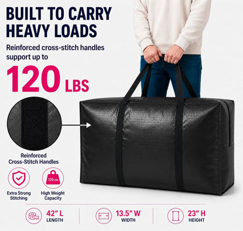 Monster Size Waterproof Moving Storage Duffel Bag Heavy Duty Extra Large Tote For Home And Garage, held with reinforced handles
