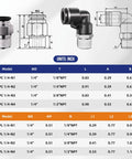 Diagram of One Quarter Inch Tube OD To One Quarter Inch NPT Thread Push To Connect Fittings For Pneumatic Systems, straight and elbow views.