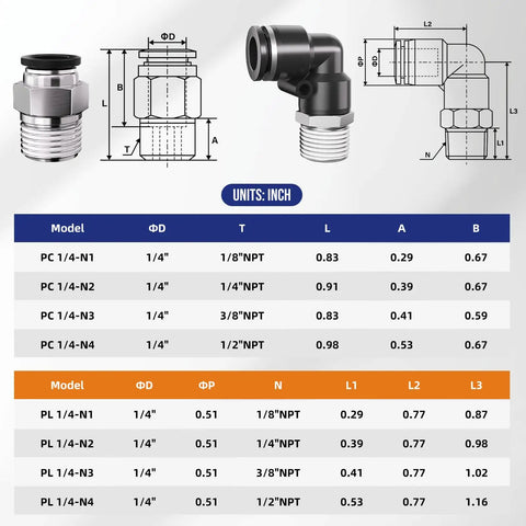 Diagram of One Quarter Inch Tube OD To One Quarter Inch NPT Thread Push To Connect Fittings For Pneumatic Systems, straight and elbow views.