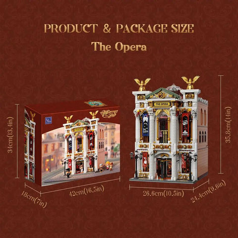 Vintage European Grand Theater Building Set With Crystal Chandelier, Transparent Dome And Expandable Street Scenes