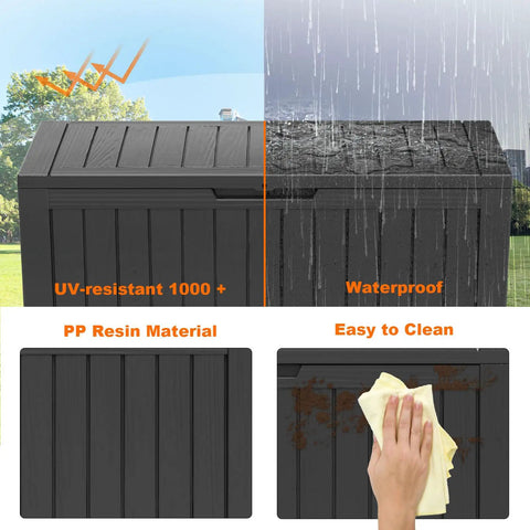 90 Gallon Resin Deck Box Lockable Outdoor Storage Box with waterproof and UV-resistant features shown