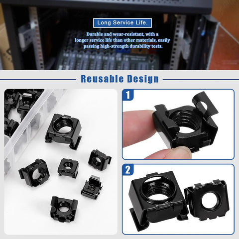Heavy Duty Black Snap In Cage Nuts M4 Through M12 Carbon Steel Rack Mount Kit 84 Pieces shown in a reusable design layout.