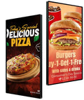 Top Shelf 98 Inch Wall Mounted 4K Digital Signage Display Slick Android Powered Commercial Lcd Ad Panel With Ir Touch And Cms Software Vesa Compatible Indoor Screen For Smooth Media Playback featuring pizza and burger advertisements.