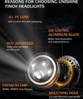 Rugged 7 Inch Round LED Headlights with DRL and Turn Signal DOT Approved, showing components and features like PC lens and aluminum alloy