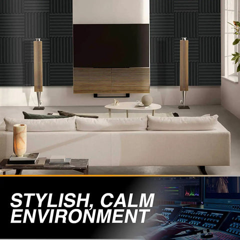 Modern room with stylish setup using 52 Pack Acoustic Panels 1x12x12 Inches High Density Acoustic Foam Wedges For Dope Soundproof Studio Setup.