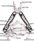 Open Do It All Folding Multitool Pliers With Safety Lock Stainless Steel EDC Tool showing multiple tools extended and labeled