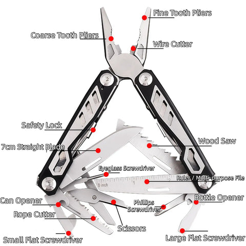 Open Do It All Folding Multitool Pliers With Safety Lock Stainless Steel EDC Tool showing multiple tools extended and labeled