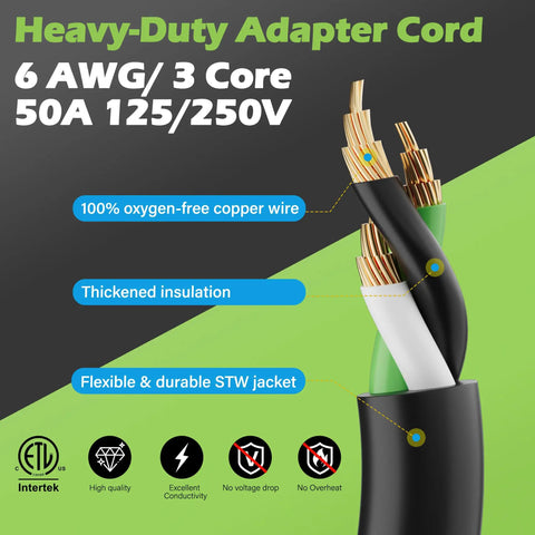 Nema 6-50P To 14-50R EV Charger Adapter Cord, 50 Amp featuring 6 AWG copper wire and thick insulation for heavy-duty use.