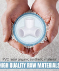 Hands holding PVC resin with image of Half Inch 3 Way PVC Pipe Fittings For DIY Furniture Furniture Grade White Connectors