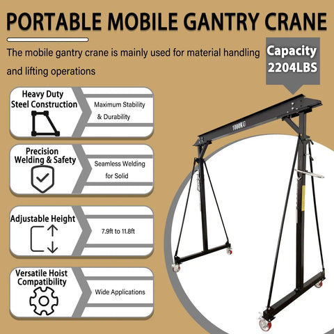 Portable Mobile Gantry Crane 1 Ton Capacity Adjustable Height 7.9 To 11.8 Feet Beefy Steel Frame Shop Crane For Factories Warehouses Auto Repair And Maintenance Pro Grade Lifting Equipment, steel frame
