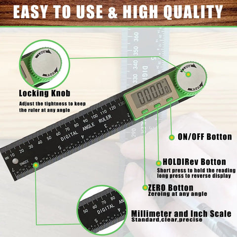 Digital Angle Finder Protractor 2 In 1 Miter Saw Ruler 7 Inch 200mm ABS with LCD, buttons, and knob, for measuring angles