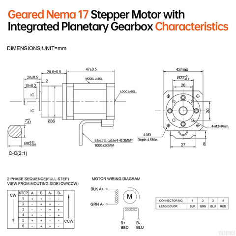 Technical drawing of Geared Nema 17 Stepper Motor With Integrated Planetary Gearbox 5.18:1, including dimensions and wiring diagram.