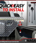 No Sweat Truck Tool Box Mounting Kit With Easy No Drill Setup and Heavy Duty J Hook Crossover Clamps installed on truck bed.