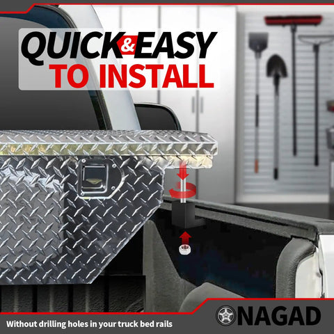 No Sweat Truck Tool Box Mounting Kit With Easy No Drill Setup and Heavy Duty J Hook Crossover Clamps installed on truck bed.