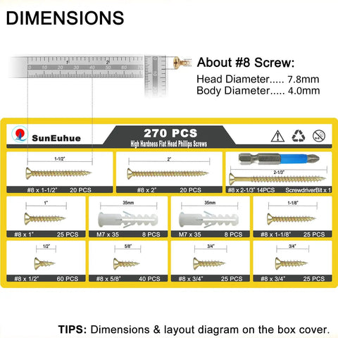 DIY Ready Wood Screws Kit 270 Pc Set With Anchors 8 Sizes Flat Head Phillips Drywall Screws Zinc Plated Yellow High Hardness Carbon Steel Handy Home Improvement Must Have For Any Project, dimensions chart with #8 screw sizes and anchors