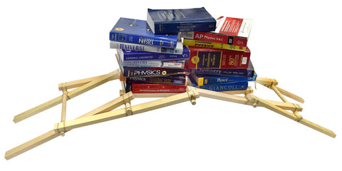 Leonardo Da Vinci Bridge Kit For STEM Learning, A Hands-On Kid-Friendly Engineering Project To Build A Five-Foot Span That Carries 60 Lbs, Explore Gravitational And Lateral Forces With Garage Physics wooden bridge with books stacked on top