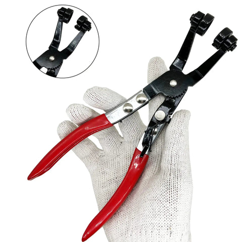 Three Piece Hose Clamp Pliers Kit With Long Reach Wire Spring Clamp Remover in hand, red handles, black metal jaws, close-up view.
