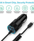 Car Charger Adapter With PD 30W USB C And 18W USB A Dual Fast Charge 2.8Ft Coiled Cable, smart chip protection labels visible.