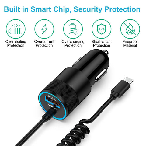 Car Charger Adapter With PD 30W USB C And 18W USB A Dual Fast Charge 2.8Ft Coiled Cable, smart chip protection labels visible.