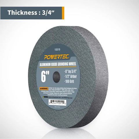 Heavy Duty 6 Inch Aluminum Oxide Grinding Wheel With Diamond Dresser 100 Grit Tool Sharpener 3/4 Inch Thick 1/2 Inch Arbor close-up view.
