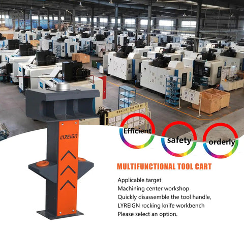 Ergonomic CNC Tool Holder Workbench Featuring BT40 Lock Station And Heavy Duty Disassembly Table for machining operations.
