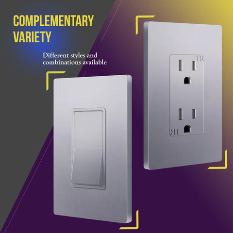 Elite Series Screwless Decorator Wall Plate with Child Safe Outlet Cover in Gloss Silver, modern design, complementary variety