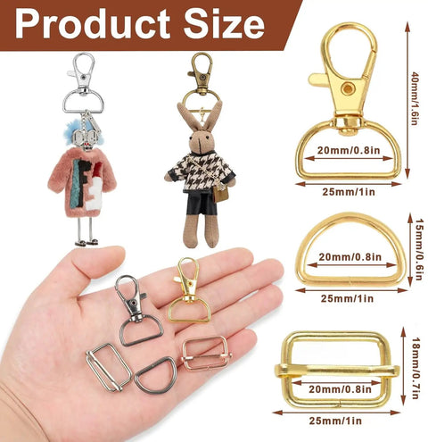 Sturdy Metal Swivel Snap Hooks Bulk Kit With D Rings And Quick Slide Buckles For Keychains Purse Straps Dog Collars And Craft Projects, shown with size reference.