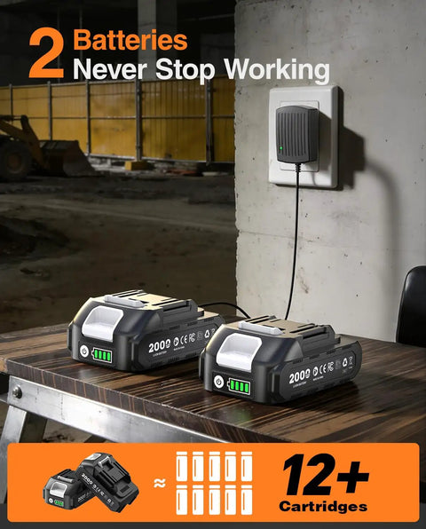 Dual batteries for Beefy 2-In-1 Electric Grease Gun with charger on wooden table, suitable for heavy-duty maintenance.