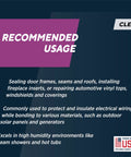 Front view of Rutland 500°F RTV clear silicone sealant package; high-heat gasket maker, USA-made.