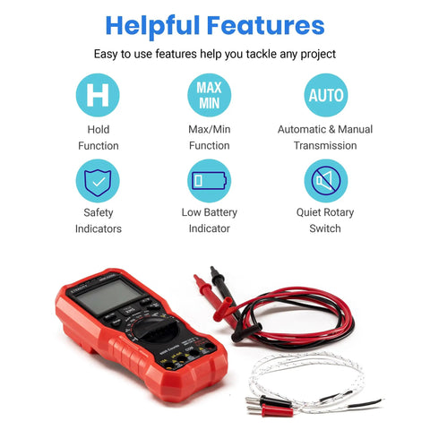 All In One Digital Multimeter True RMS 6000 Counts with test leads and thermocouple, highlighting features like safety indicators