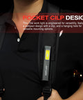 Pocket EDC Flashlight With USB C Rechargeable Power on backpack strap showing flat non rolling design