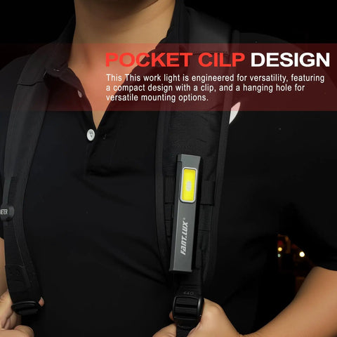 Pocket EDC Flashlight With USB C Rechargeable Power on backpack strap showing flat non rolling design