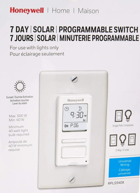 Honeywell programmable timer switch for incandescent and halogen lighting, 40-500 watts, 120V, single pole installation instructions visible.